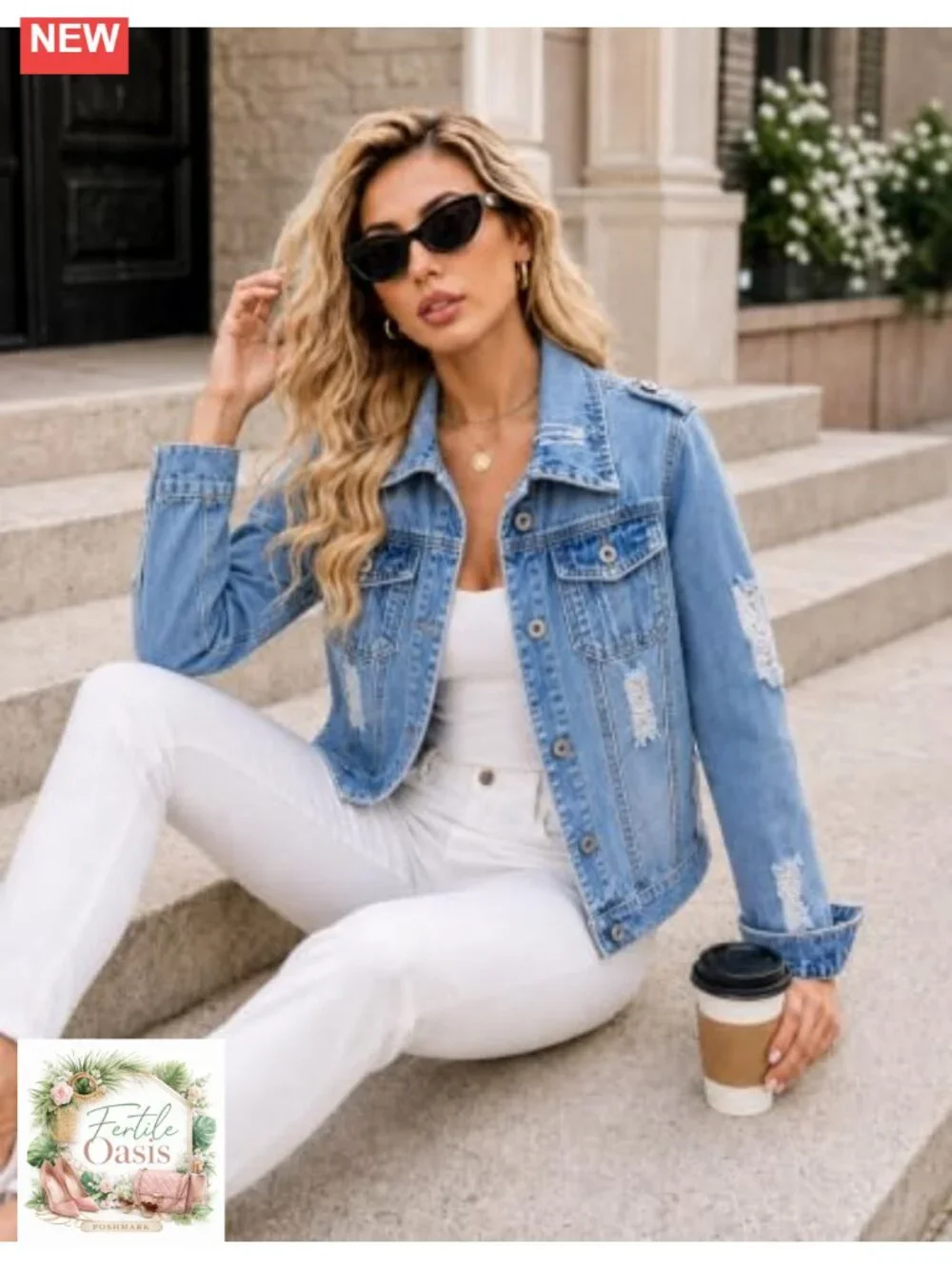 Women's Distressed Denim Jacket Relaxed Fit Button Front Long Sleeve Washed Blue